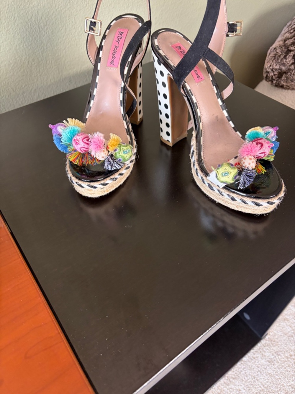 Betsey Johnson Black Polka Dot Pom Pom Platform Heels - Picture 3 of 6
